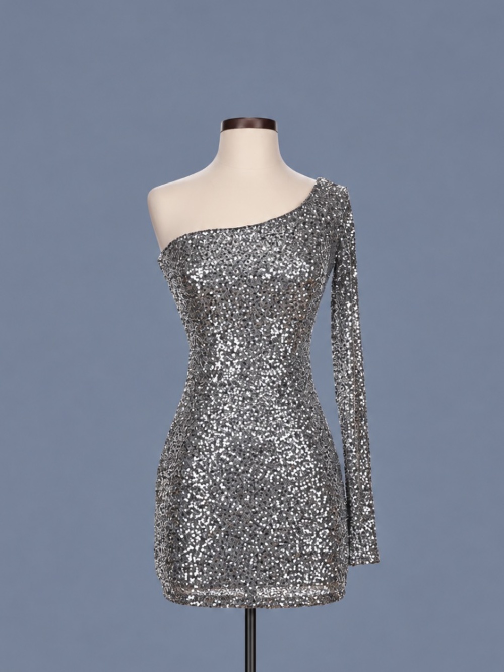B. Darlin Silver Sequin One Shoulder Mini Dress – XS – NWT
